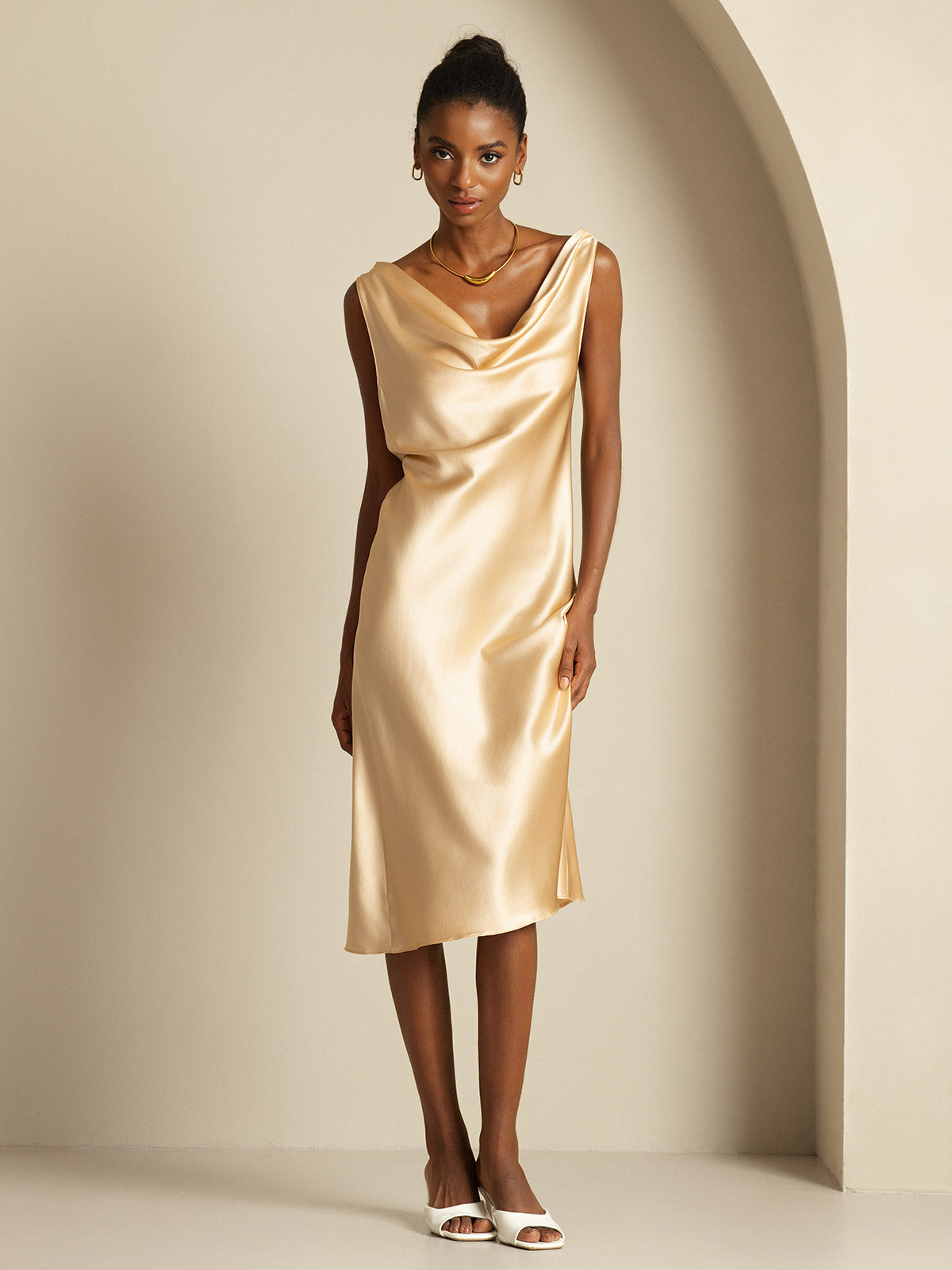 [Champagne] SilkSilky-IT 19Momme Seta Collo drappeggiato Vestiti da donna 005