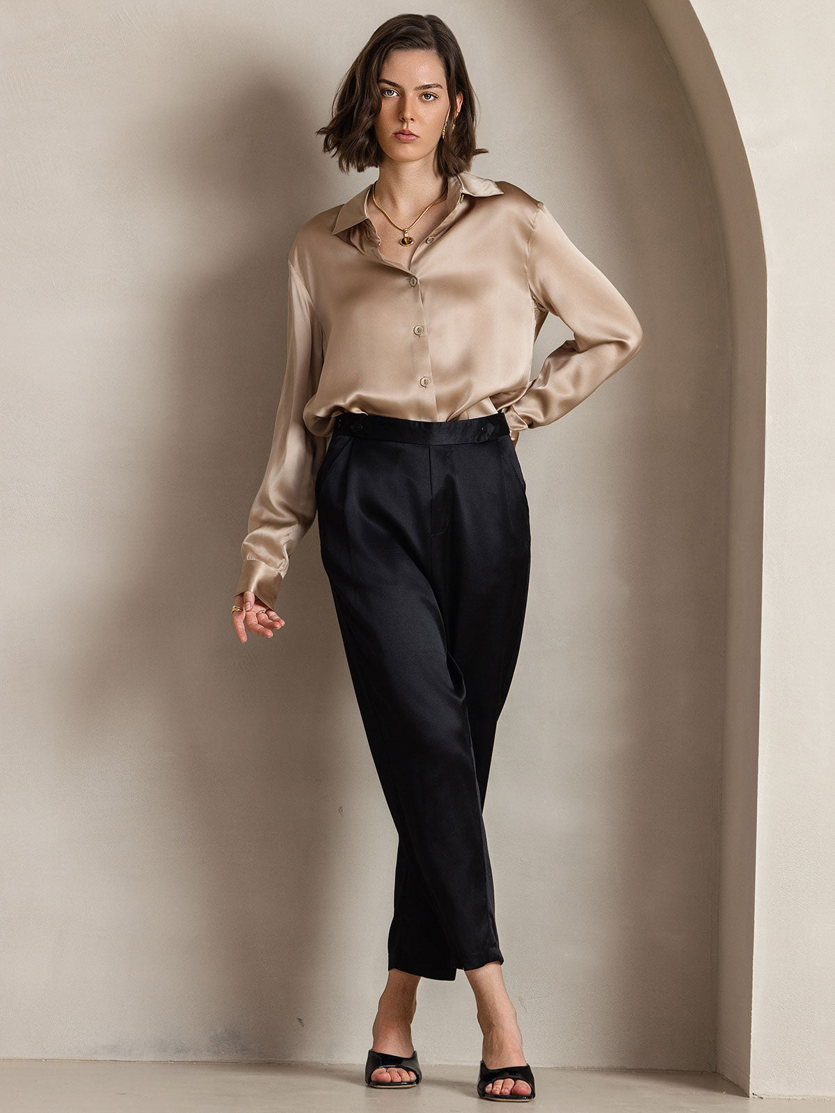 [Champagne] SilkSilky-IT Seta Colletto risvolto Camicie da donna 006