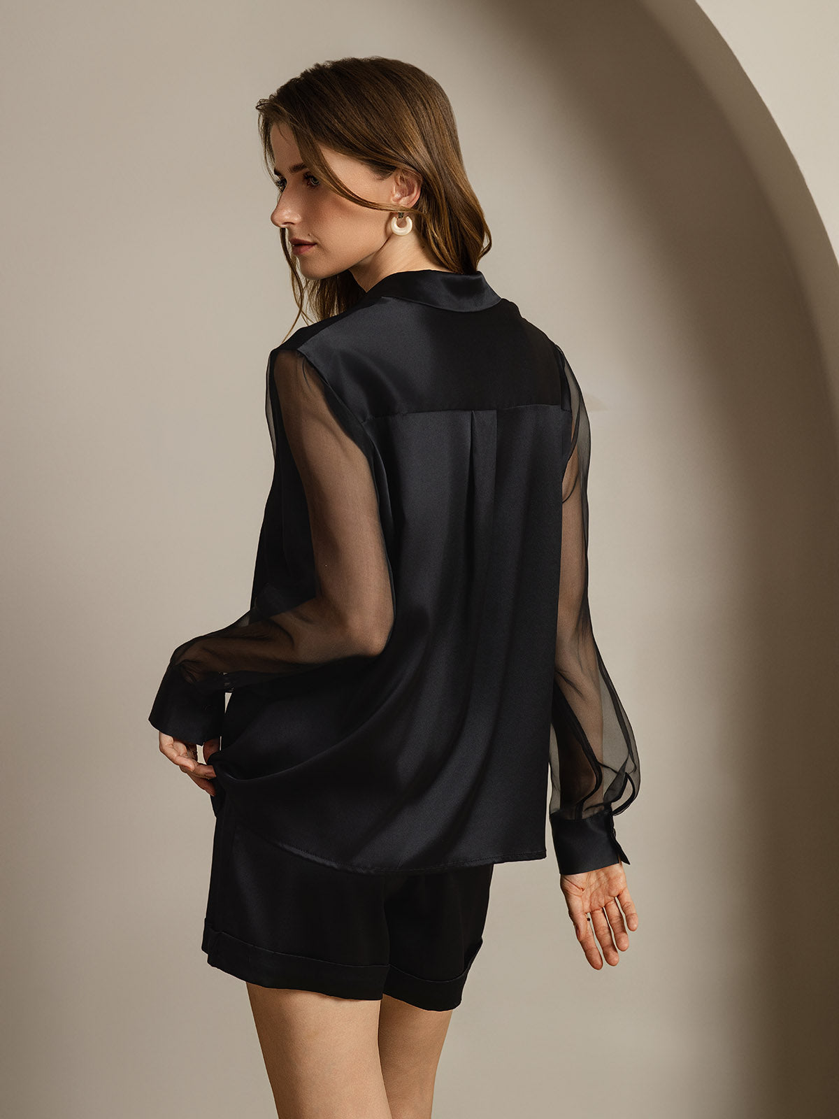 [Nero] SilkSilky-IT 19Momme Seta Colletto risvolto Camicie da donna 002