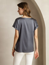 [Grigio Scuro] SilkSilky-IT 19Momme Maniche Corte Scollo barchetta Magliette donna 002