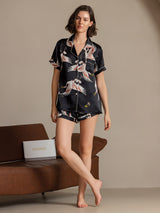 [Nero] SilkSilky-IT Short Sleeve Lapel Collar Pigiami da donna 006