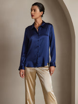 [Blu Scuro] SilkSilky-IT Long Sleeve Lapel Collar Camicie da donna 001