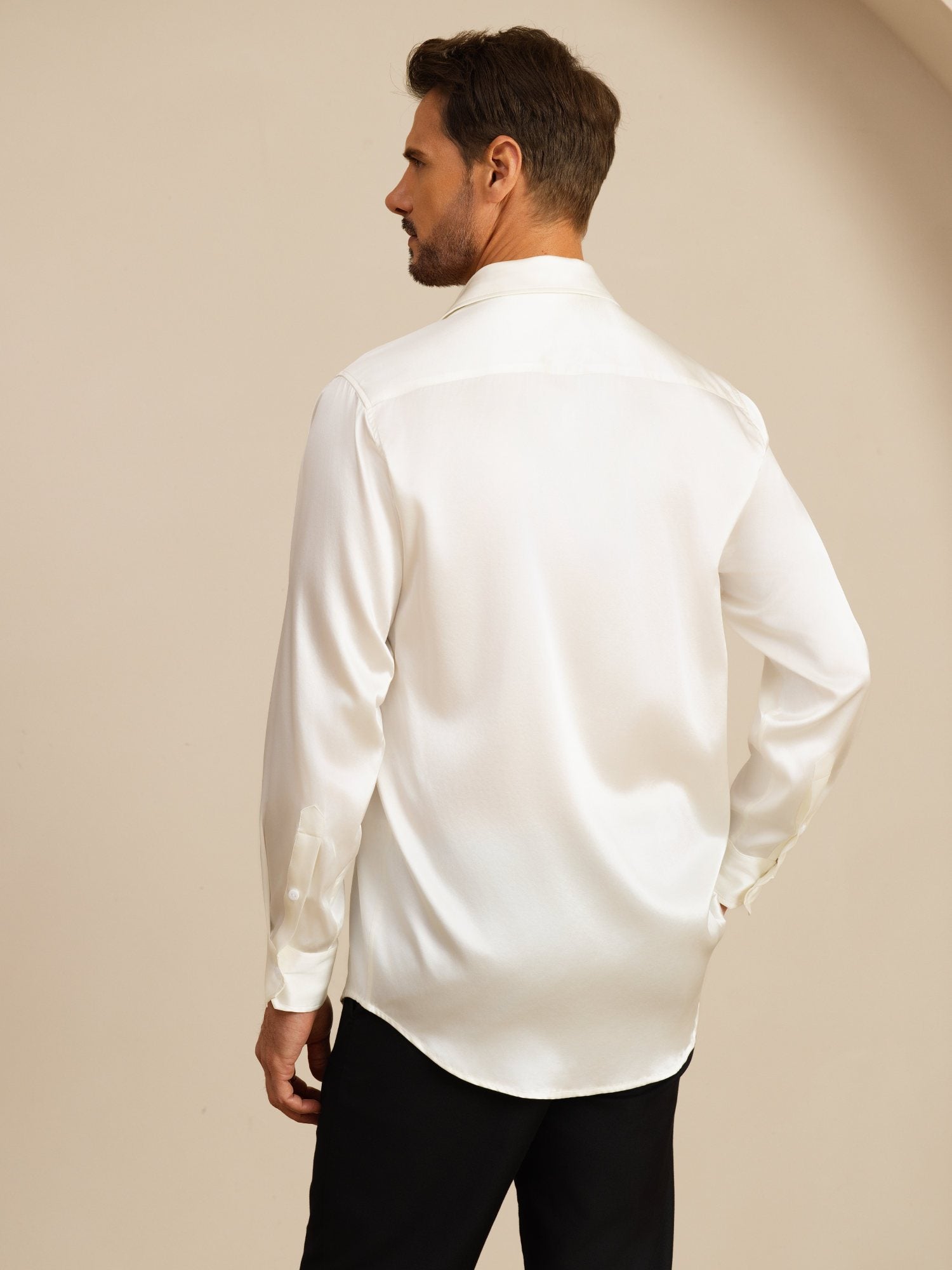 [Bianco] SilkSilky-IT 19Momme Manica lunga Colletto con Revers Camicia da uomo 002