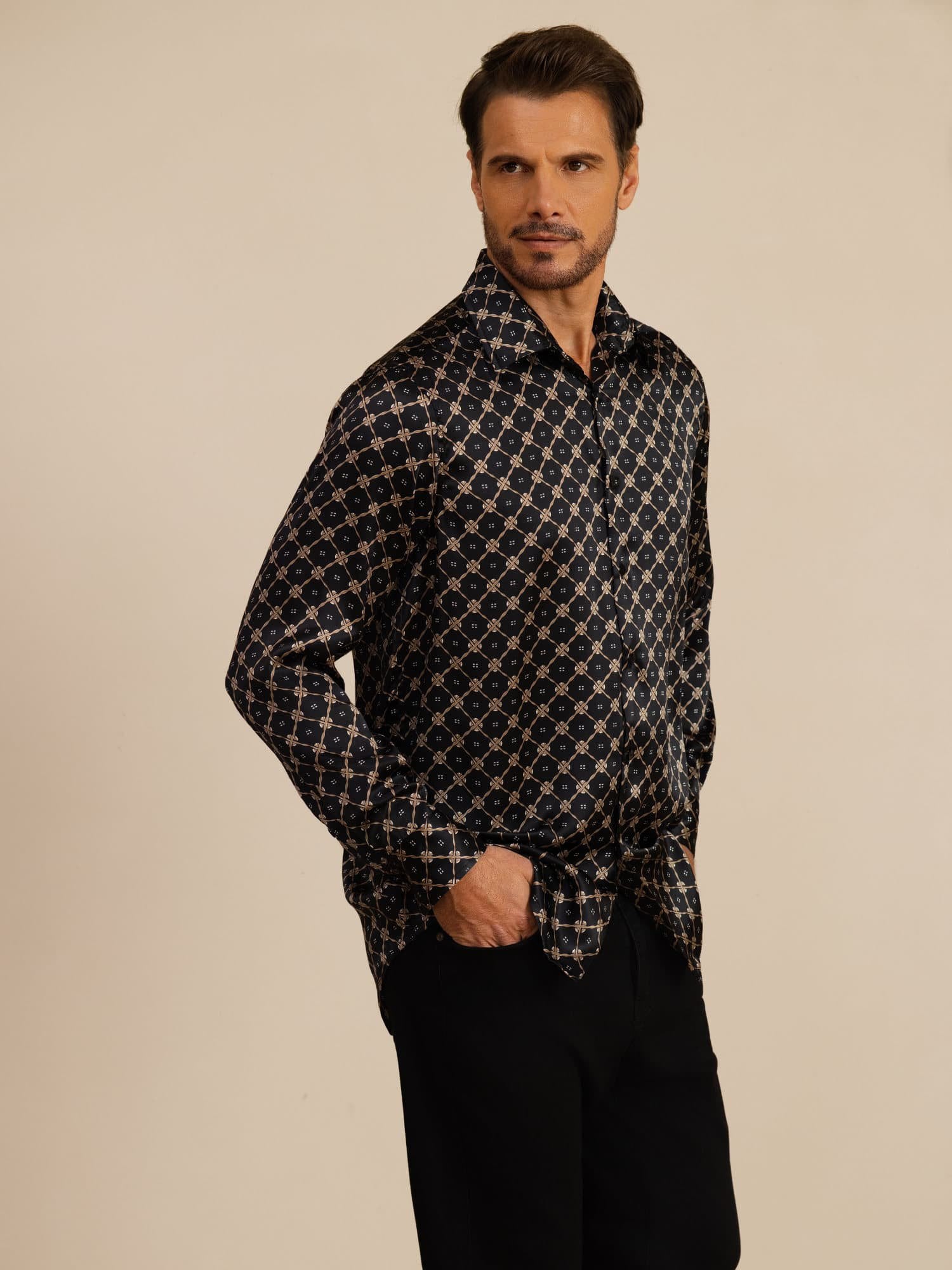 [Catena Nera] SilkSilky-IT Manica lunga Colletto con Revers Camicia da uomo 006