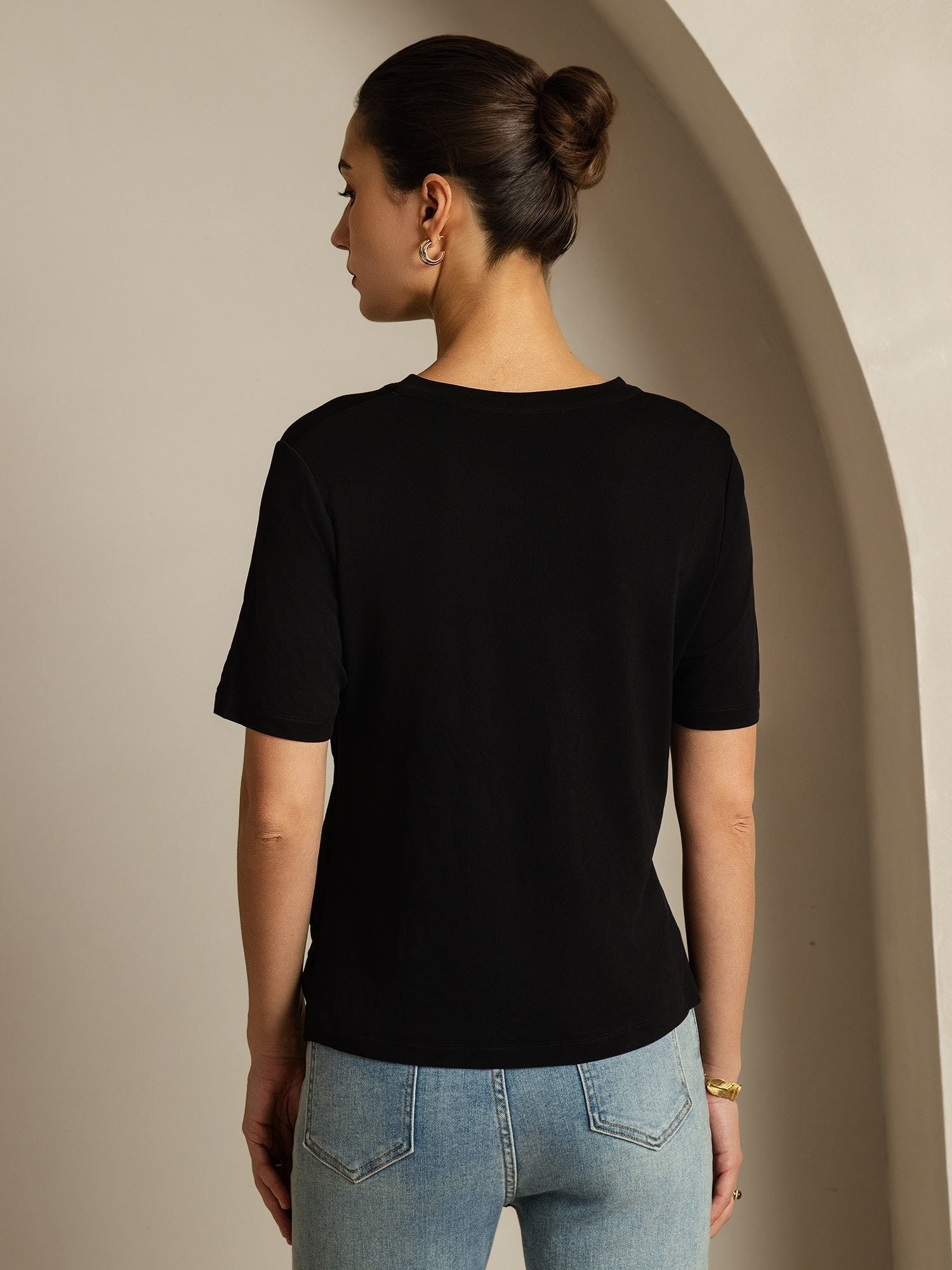 [Nero] SilkSilky-IT Maniche Corte Scollo a V Magliette donna 002