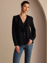 [Nero] SilkSilky-IT Long Sleeve Deep V Neck Bluse 001