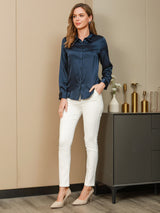 [Blu Scuro] SilkSilky-IT Long Sleeve Lapel Collar Camicie da donna 006