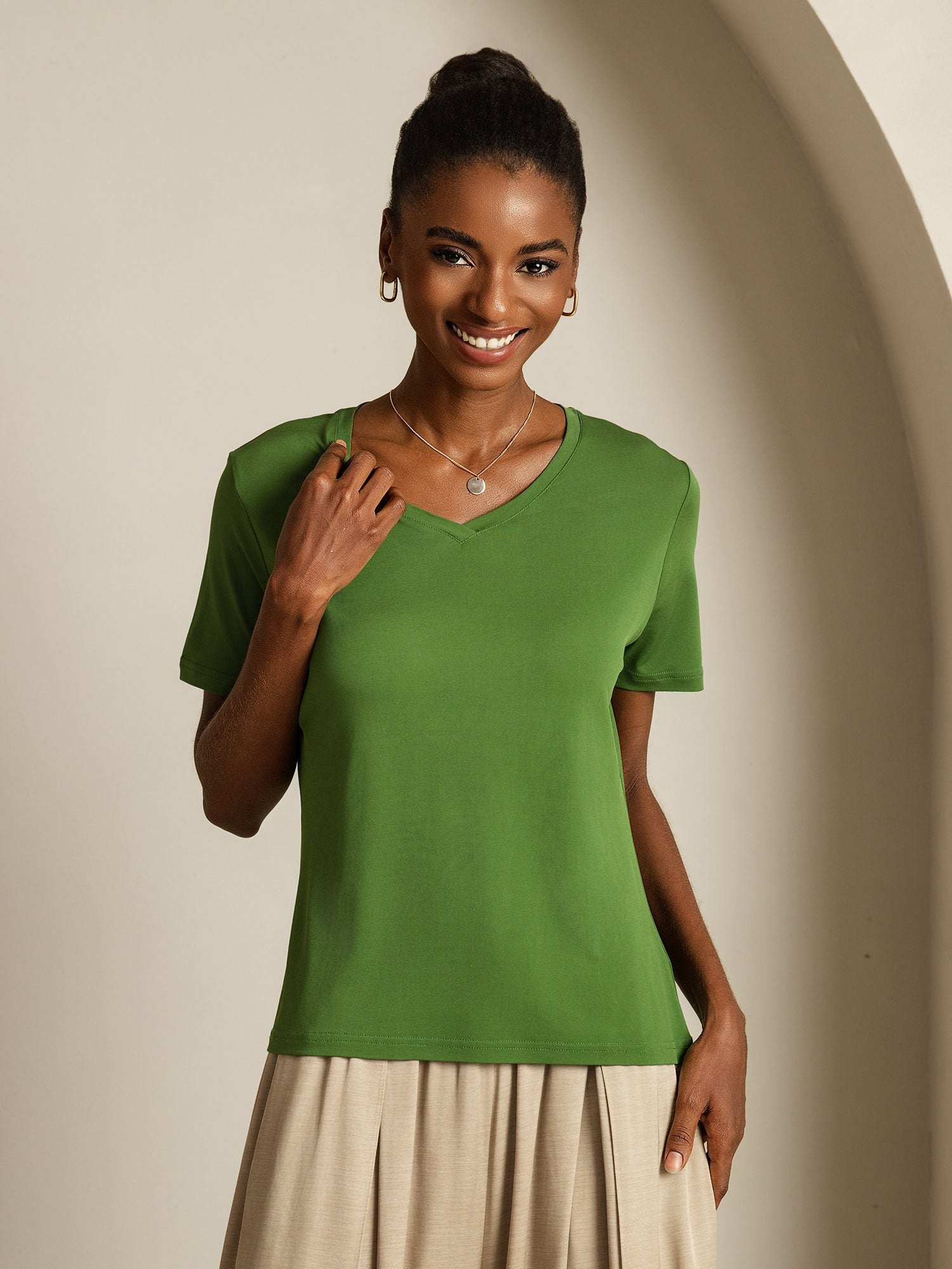 [Verde] SilkSilky-IT Seta pura Womens T-Shirt 005