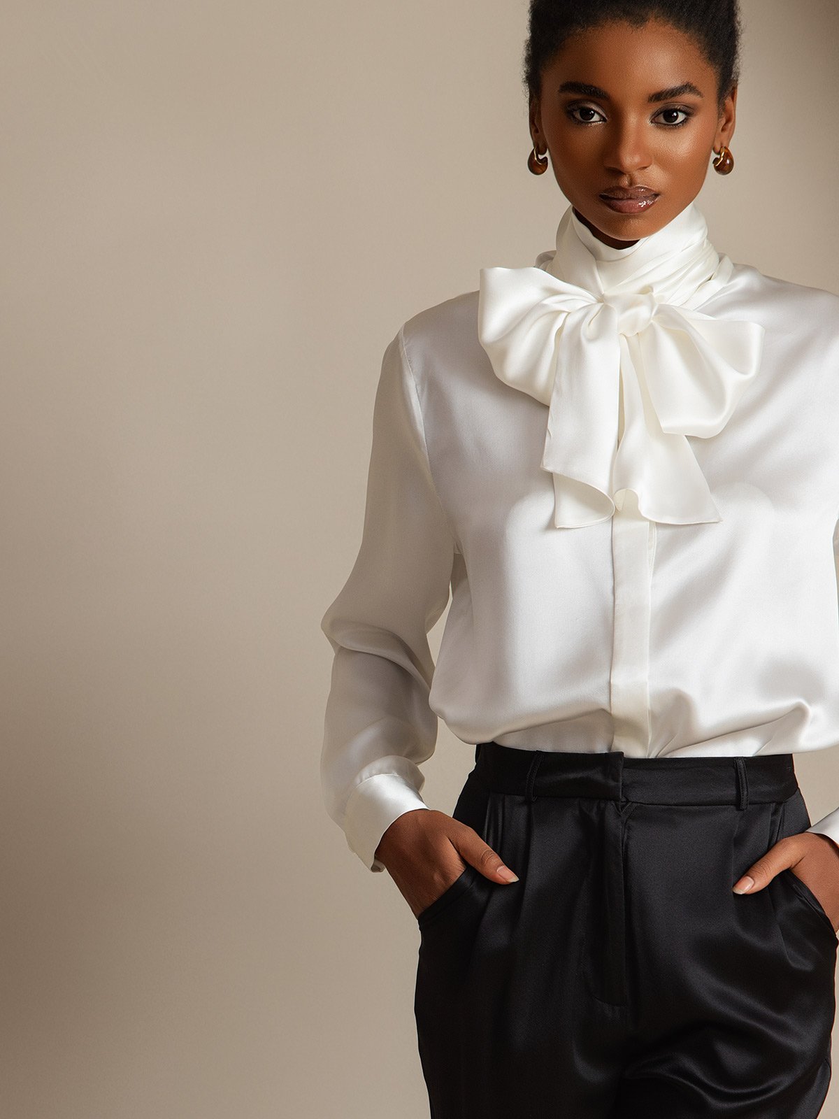 [Bianco] SilkSilky-IT 19Momme Seta Manica lunga Blouse 004