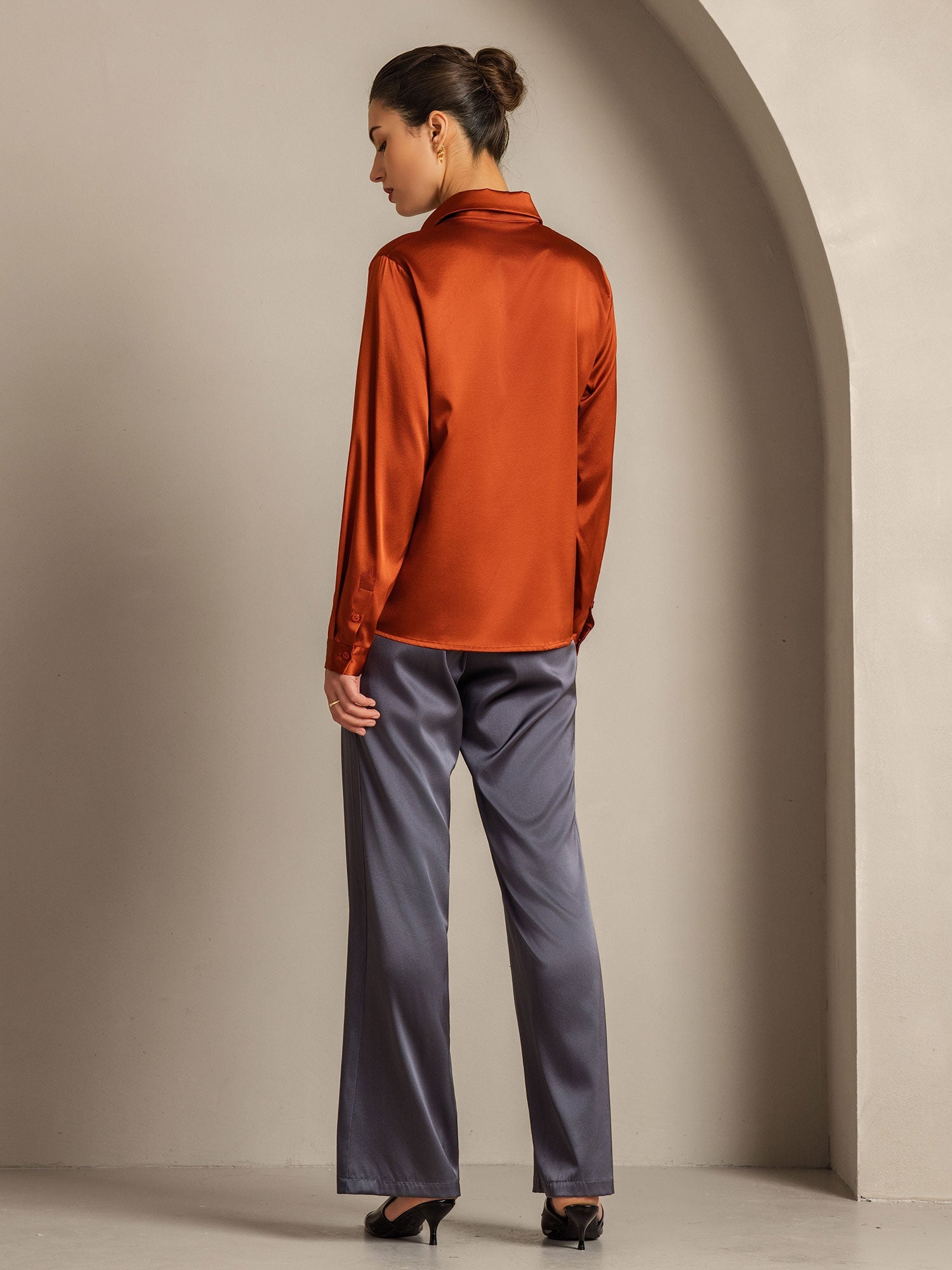 [Caramello] SilkSilky-IT 19Momme Seta Manica lunga Colletto risvolto Camicie da donna 010