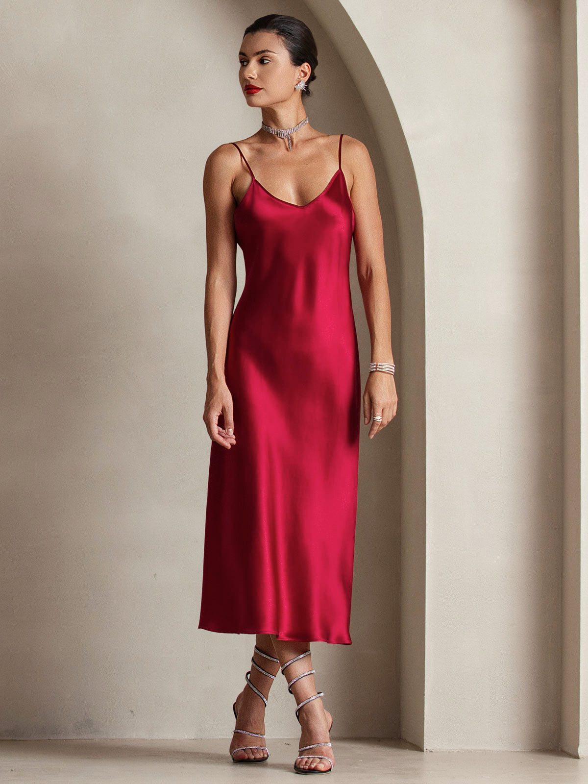 SilkSilky-IT Seta pura Senza maniche Dress Vino 001