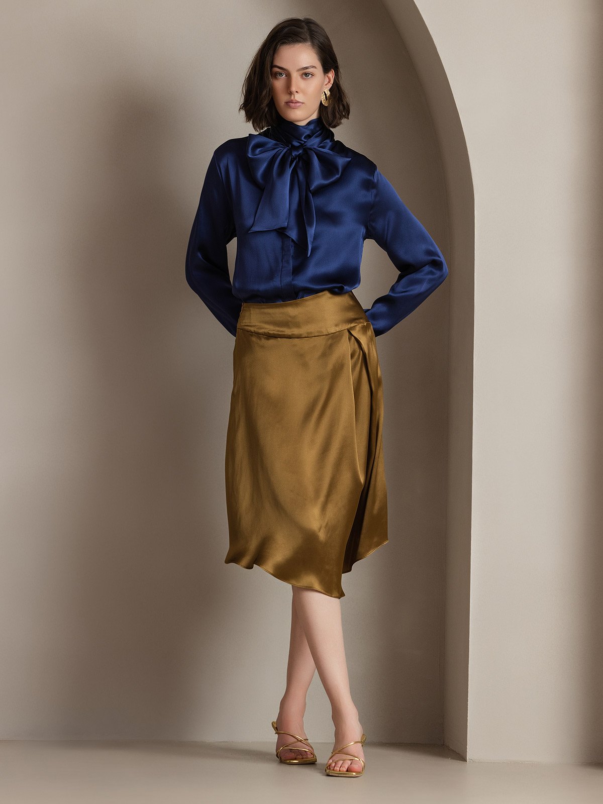 [Blu Scuro] SilkSilky-IT 19Momme Seta Manica lunga Blouse 004