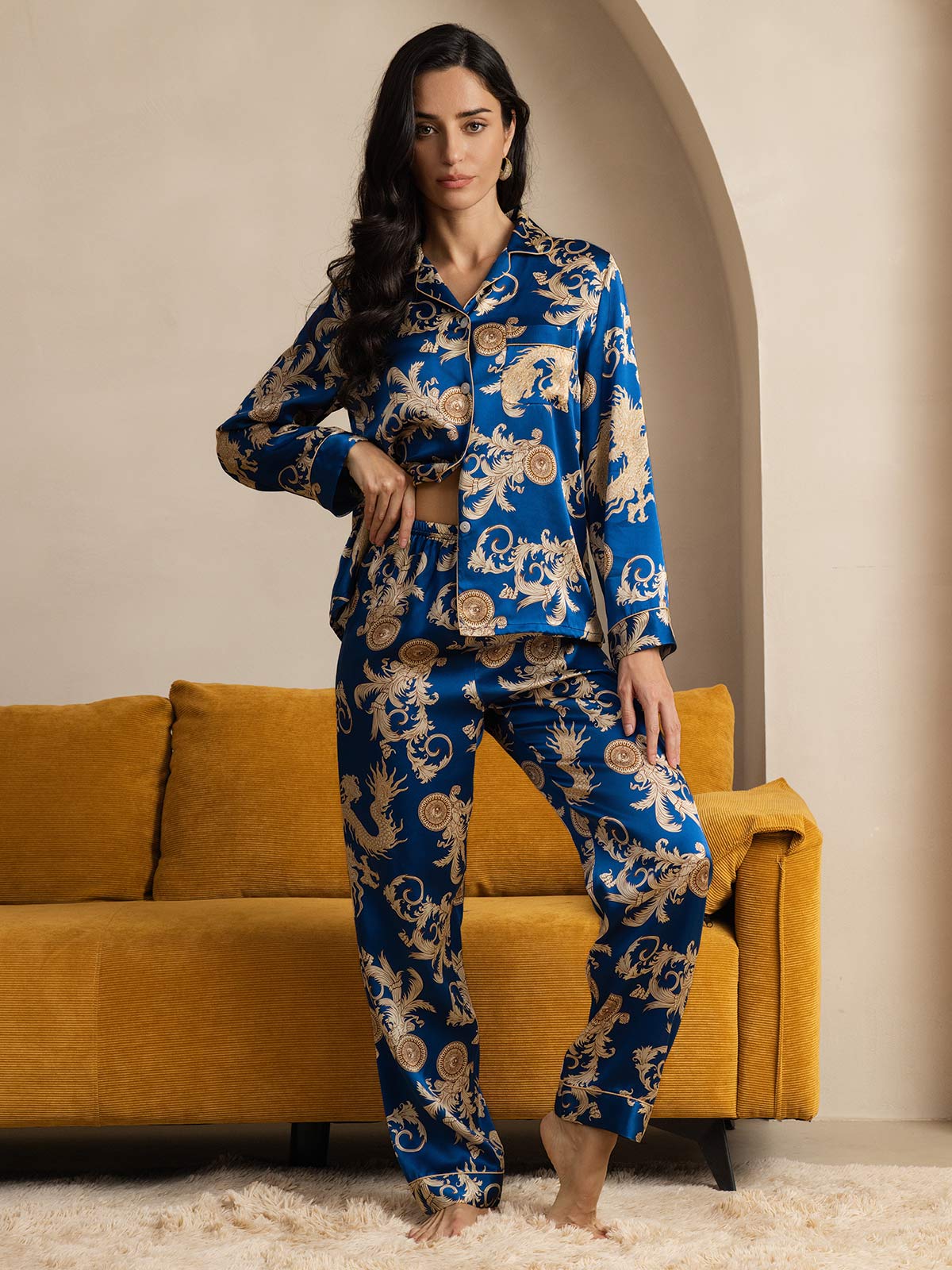 [Drago Navy] SilkSilky-IT Seta pura Womens Pajamas 004