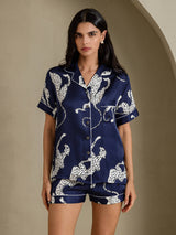 [Ghepardo Blu Navy] SilkSilky-IT Short Sleeve Notch Collar Pigiami da donna 004