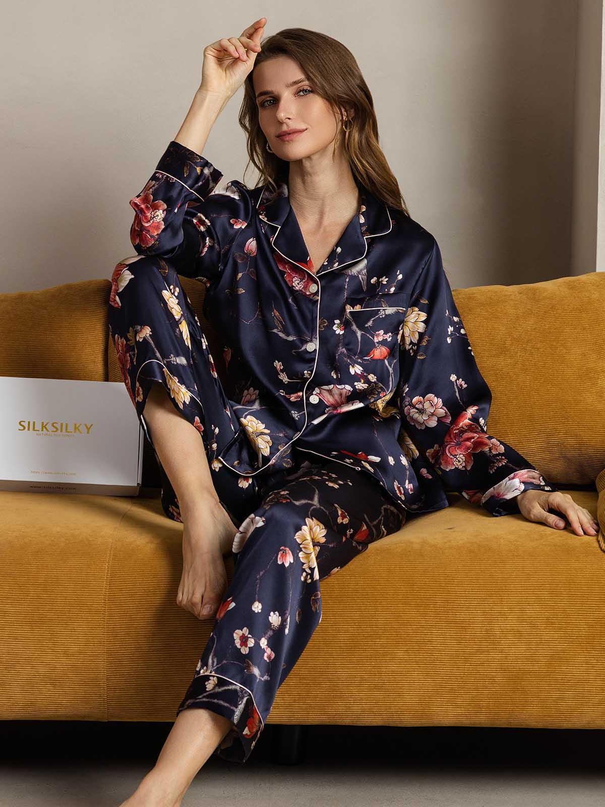[Floreale Blu Navy] SilkSilky-IT Seta pura Womens Pajamas 003