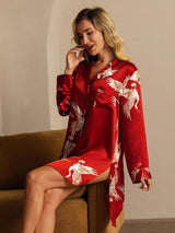 [Rosso Scuro] SilkSilky-IT Long Sleeve Lapel Collar Camicia da notte 007