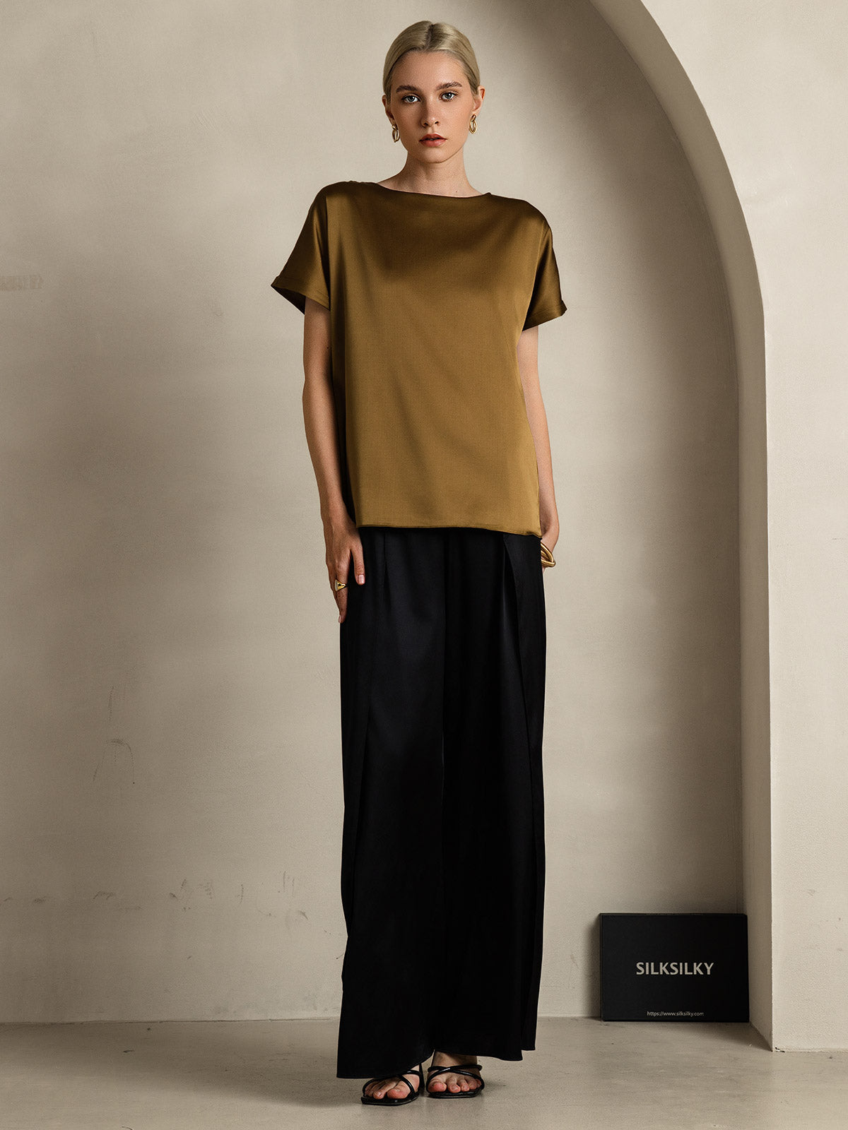 [Marrone] SilkSilky-IT 19Momme Seta Maniche Corte Womens T-Shirt 007