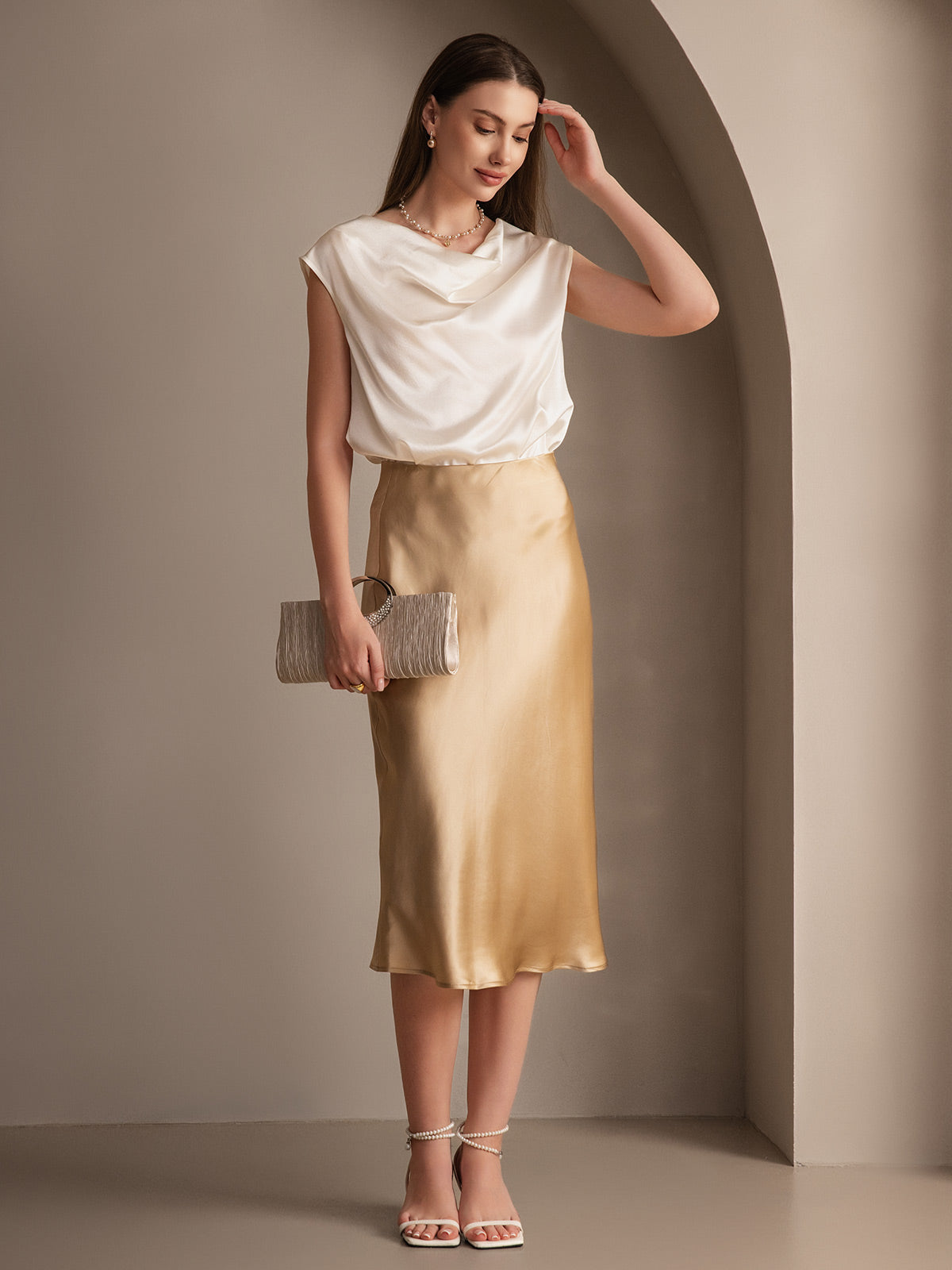 [Champagne] SilkSilky-IT 19Momme Seta pura Skirt 006,