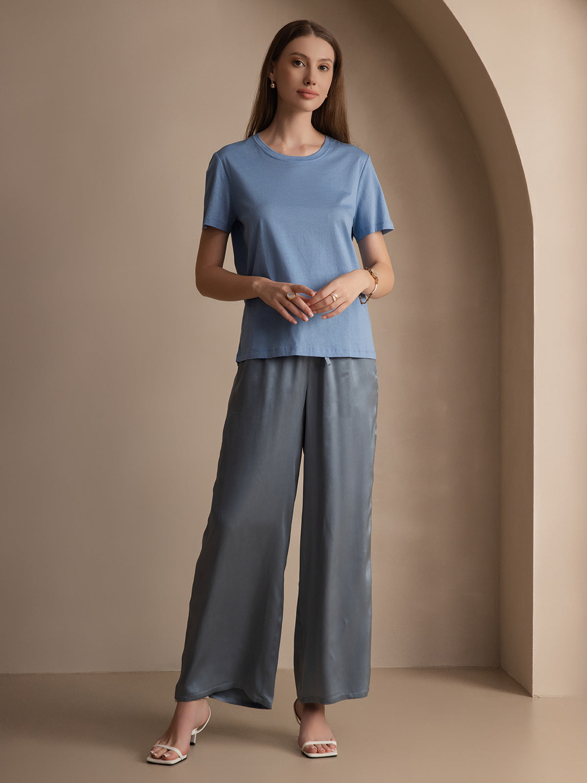 [Blu] SilkSilky-IT Maglia di seta Maniche Corte Round Neck Magliette donna 004