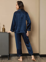 [Blu Scuro] SilkSilky-IT Manica lunga Collo a Taglio Pigiami da donna 003