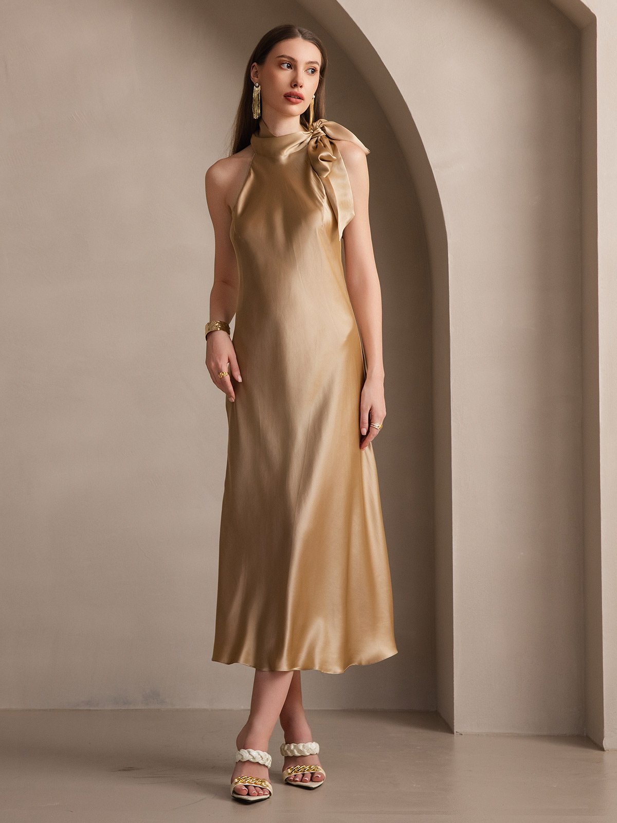 [Champagne] SilkSilky-IT 19Momme Seta Senza maniche Nodo al collo Vestiti da donna 005