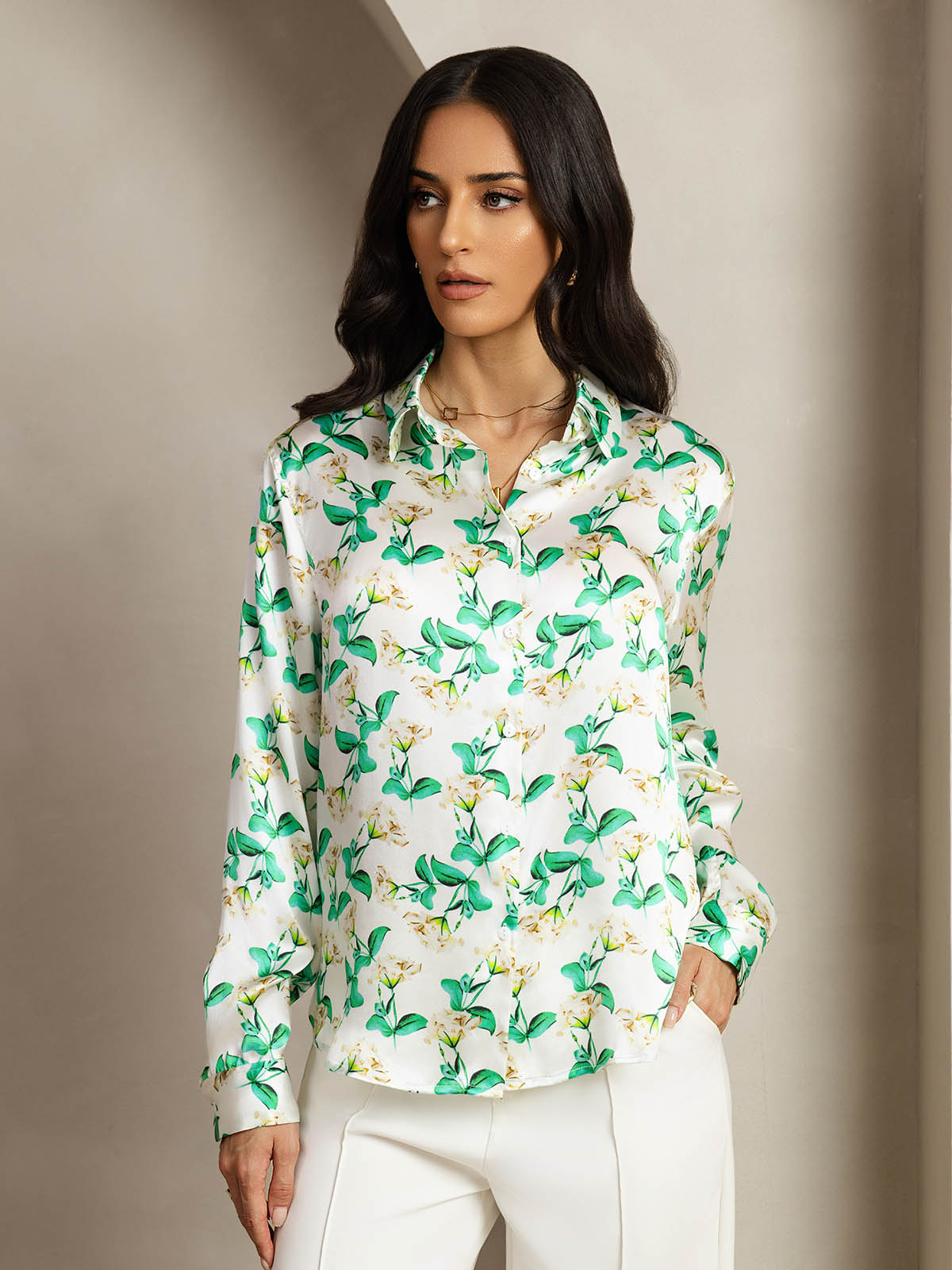 [Floreale Verde] SilkSilky-IT Seta Colletto risvolto Camicie da donna 005