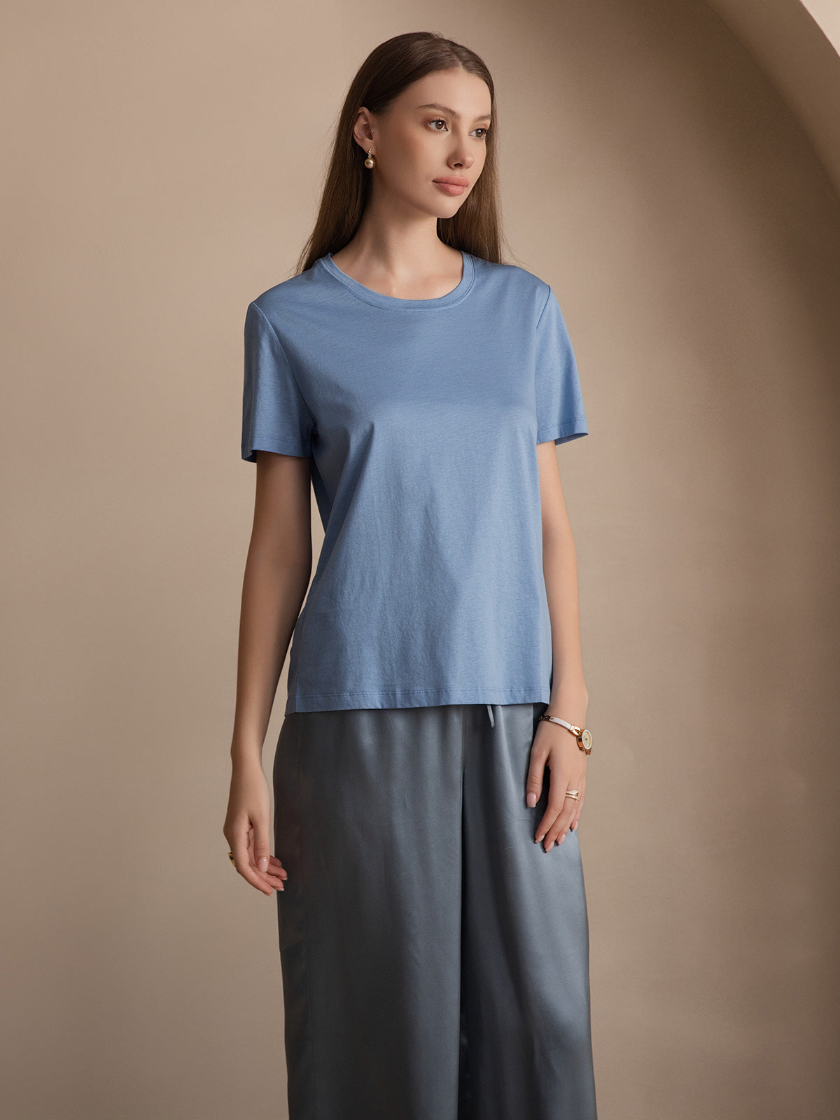 [Blu] SilkSilky-IT Maglia di seta Maniche Corte Round Neck Magliette donna 001