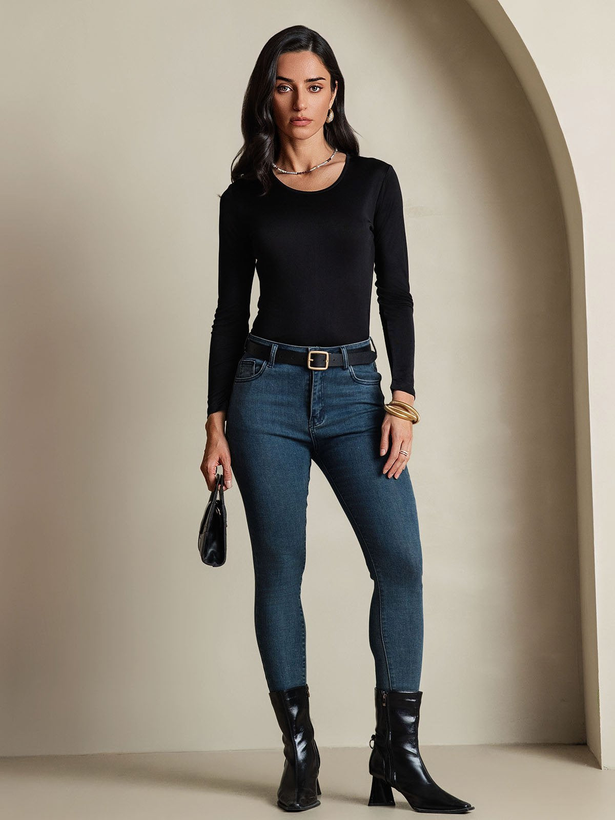 [Nero] SilkSilky-IT Manica lunga Scollo rotondo Magliette donna 006