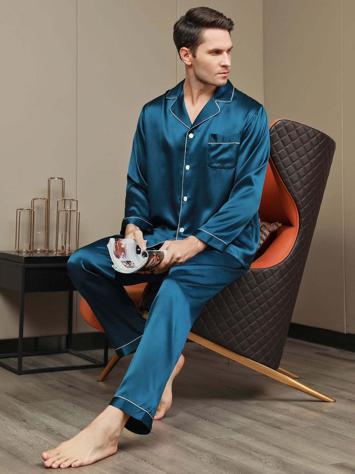 [Verde Acqua] SilkSilky-IT 19Momme Seta pura Mens Pajamas 007