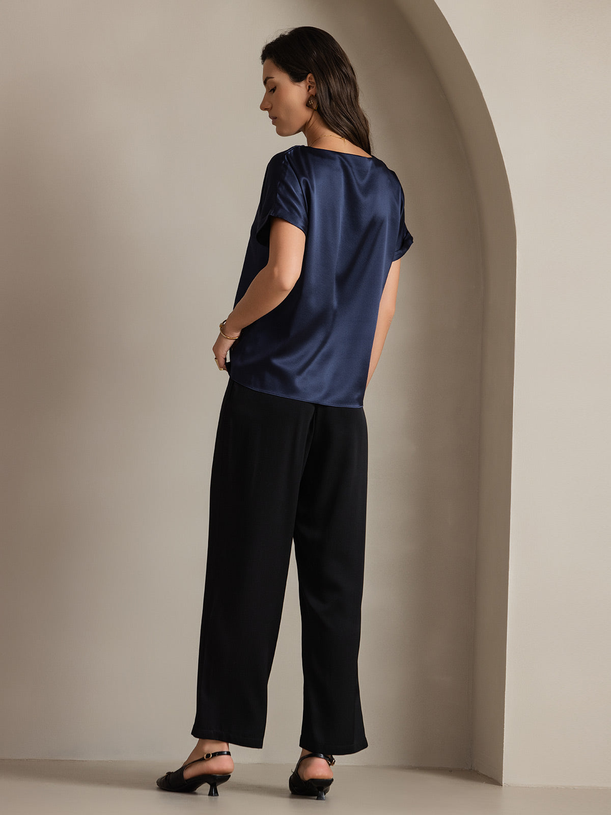 [Blu Scuro] SilkSilky-IT 19Momme Seta Maniche Corte Womens T-Shirt 002