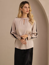 [Marrone Chiaro] SilkSilky-IT Long Sleeve Keyhole Neck Bluse 003