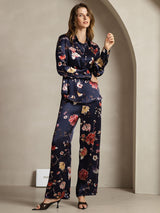 [Floreale Blu Navy] SilkSilky-IT 19Momme Seta Colletto risvolto Women''s Outfit Sets 004