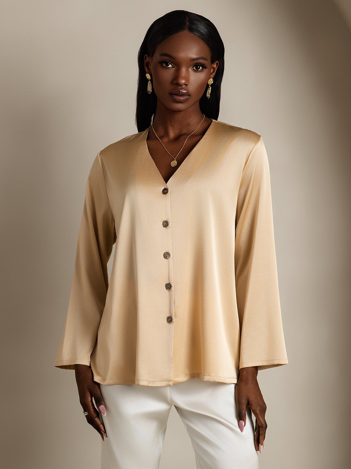 [Champagne] SilkSilky-IT 19Momme Seta Collo a V Camicie da donna 003