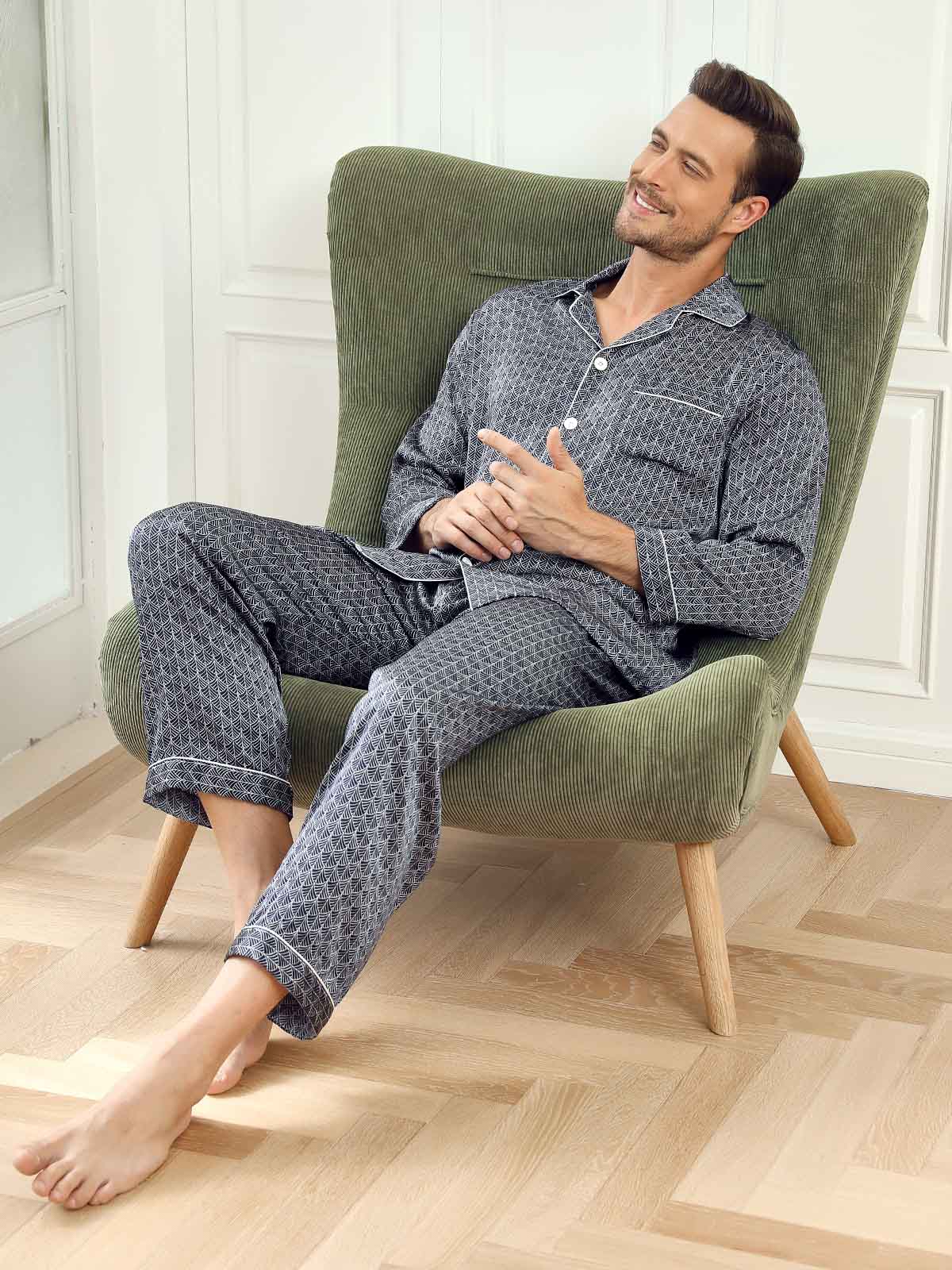 [Ginkgo Blu Navy] SilkSilky-IT 19Momme Seta pura Mens Pajamas 008