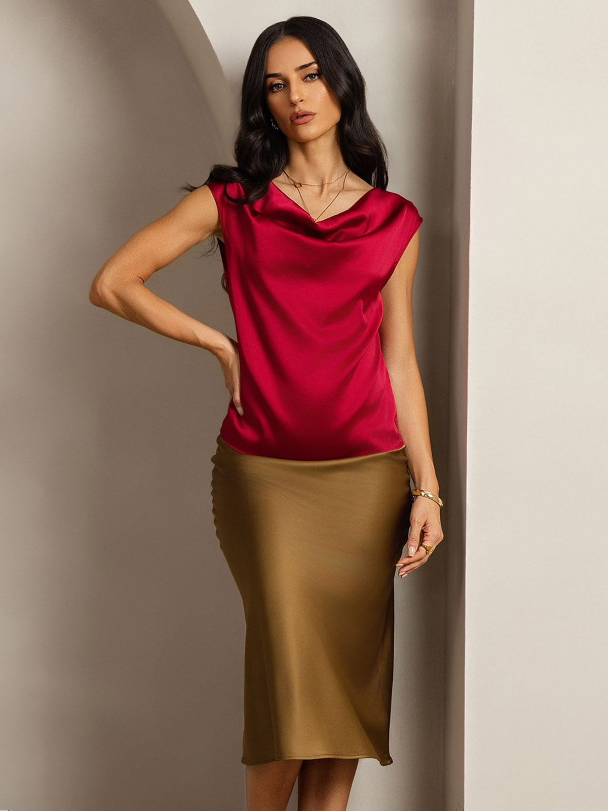 [Vino] SilkSilky-IT 19Momme Seta Collo drappeggiato Magliette donna 001