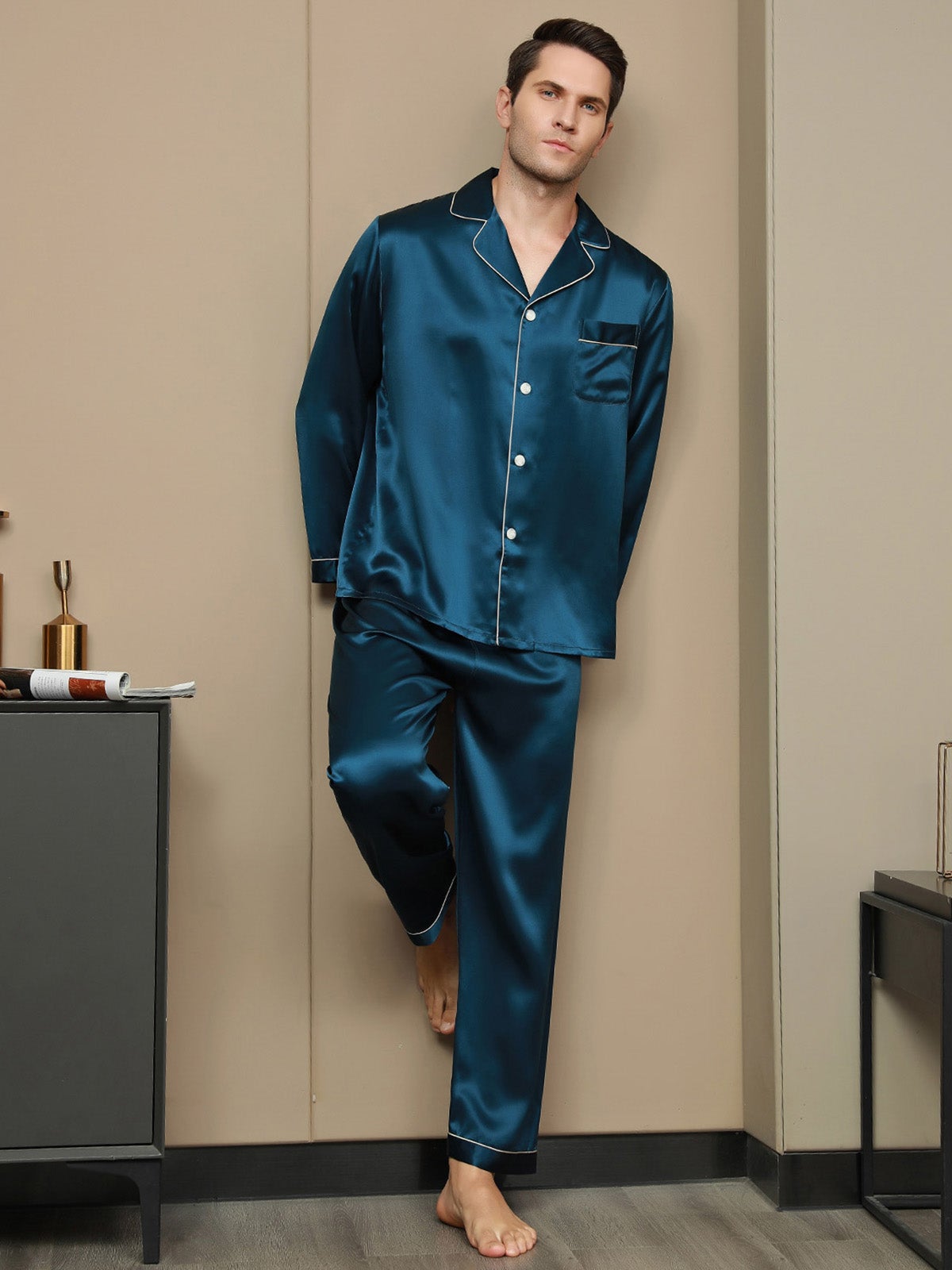 [Verde Acqua] SilkSilky-IT 19Momme Seta pura Mens Pajamas 004