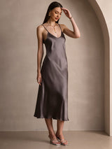 [Kaki Scuro] SilkSilky-IT Sleeveless V Neck Vestiti da donna 007