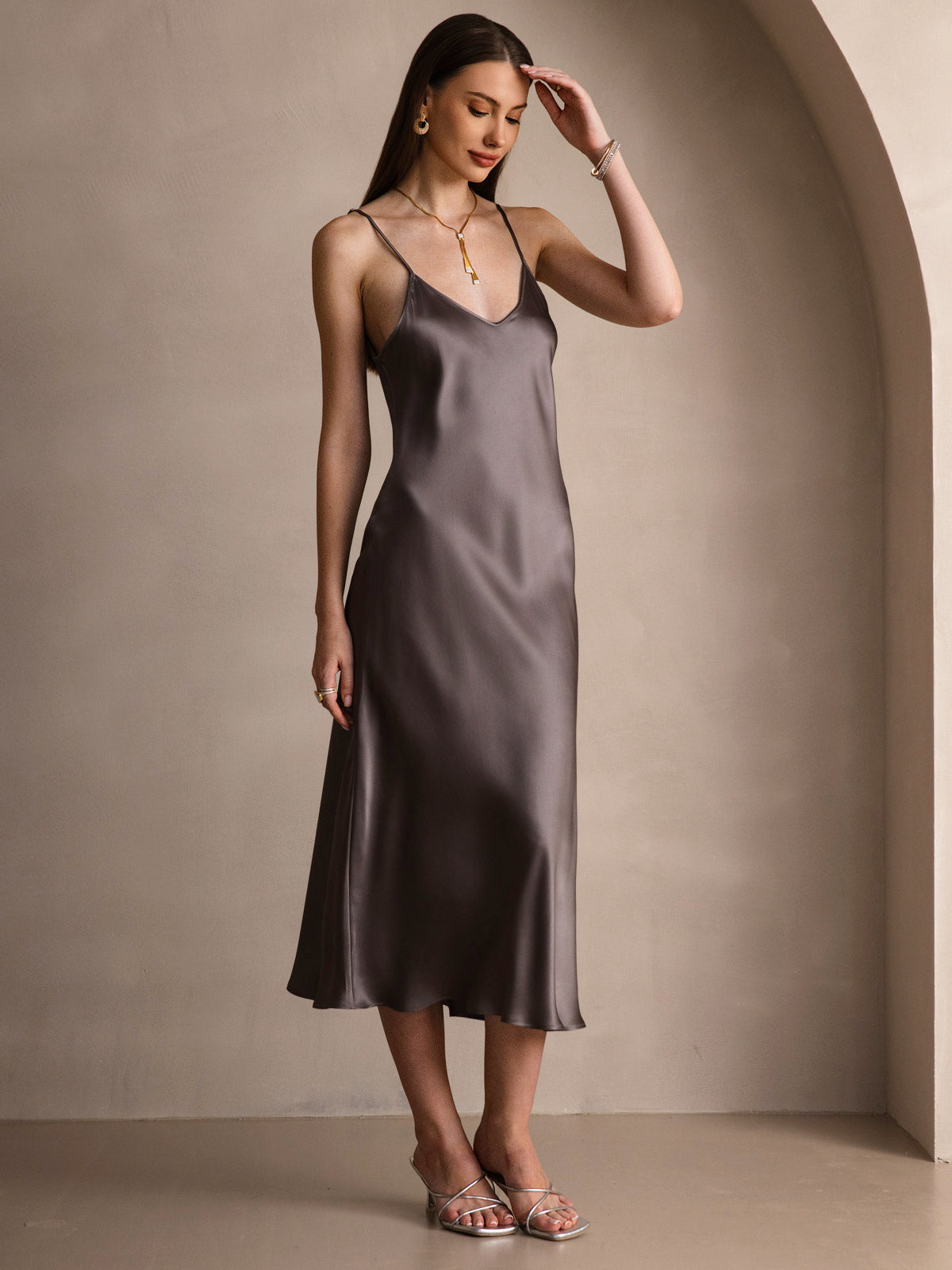 [Kaki Scuro] SilkSilky-IT Senza maniche Vestiti da donna 007