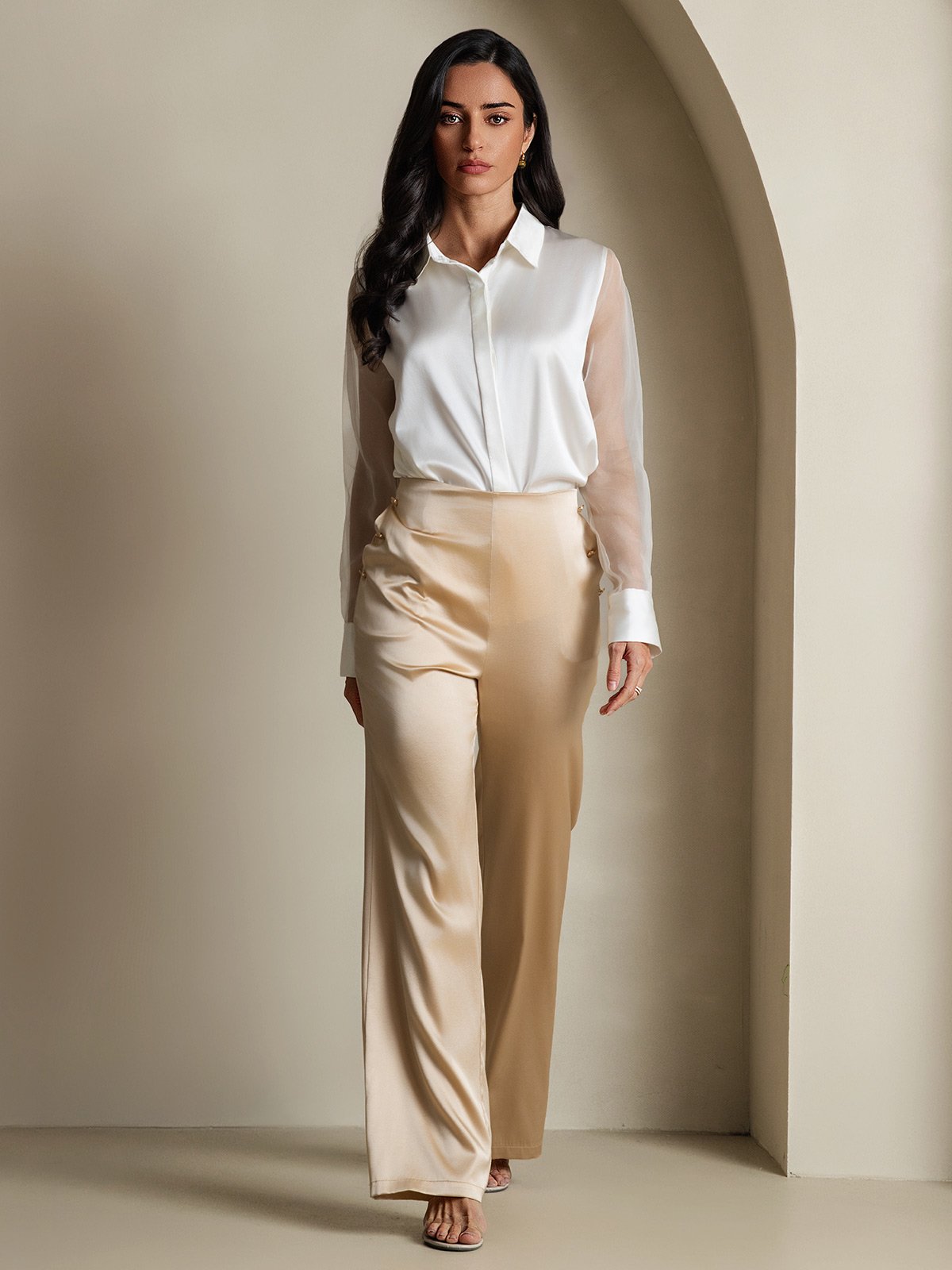 [Bianco] SilkSilky-IT 19Momme Seta Colletto risvolto Camicie da donna 006