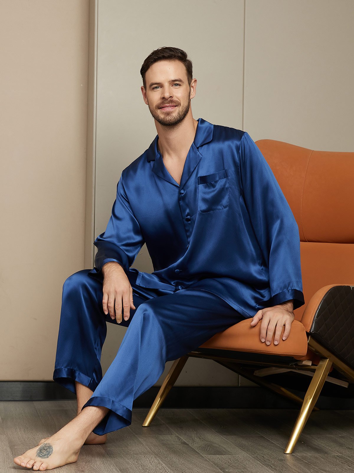 [Blu Scuro] SilkSilky-IT Seta pura Mens Pajamas 003