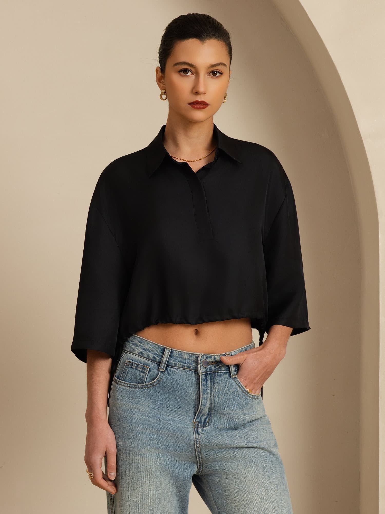 [Nero] SilkSilky-IT 18Momme Manga media Colletto con Revers Camicette 004