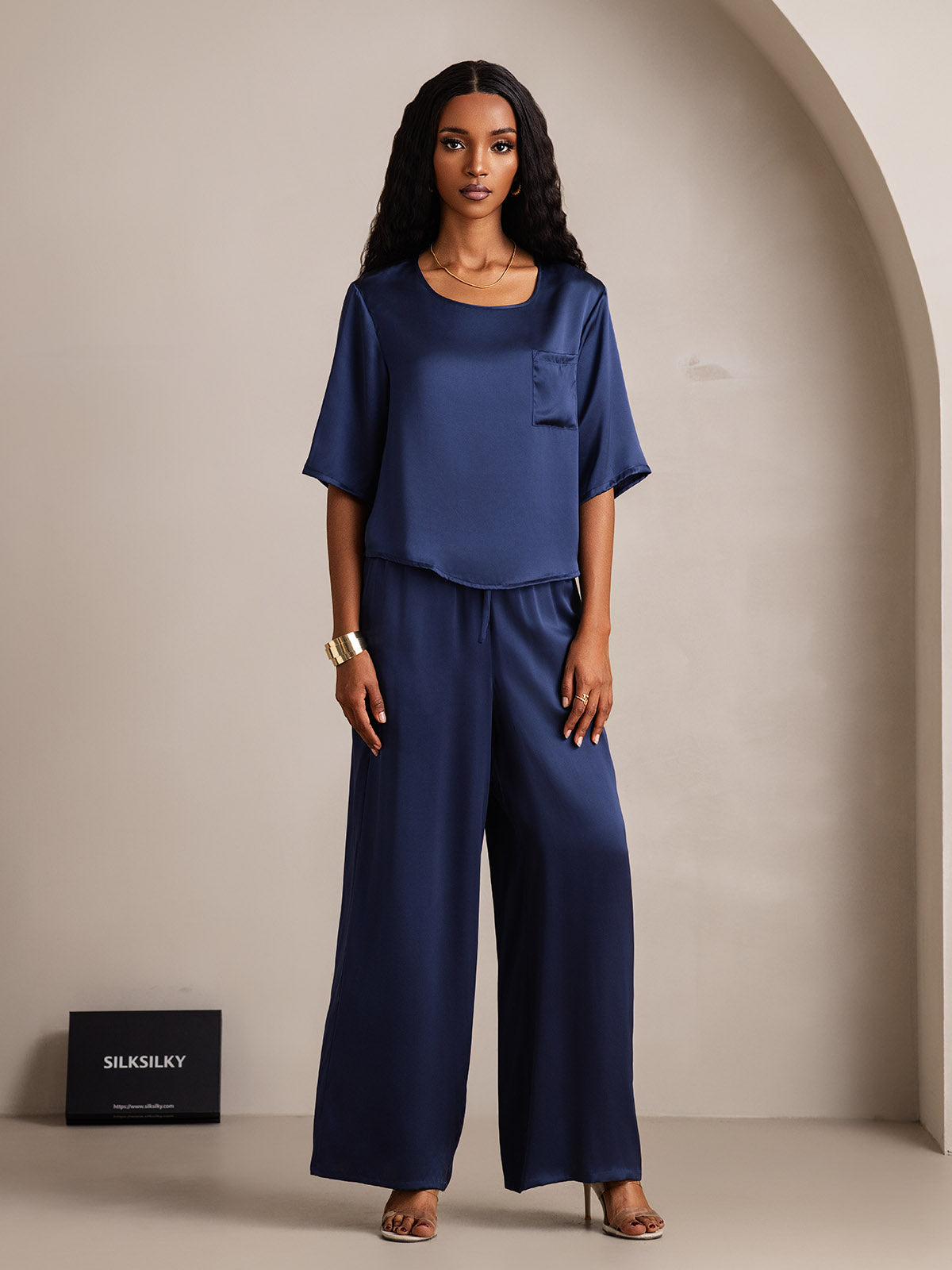 [Blu Scuro] SilkSilky-IT Seta pura Womens Pajamas 005