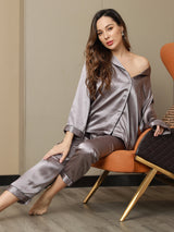 [Grigio] SilkSilky-IT Manica lunga Collo a Taglio Pigiami da donna 009