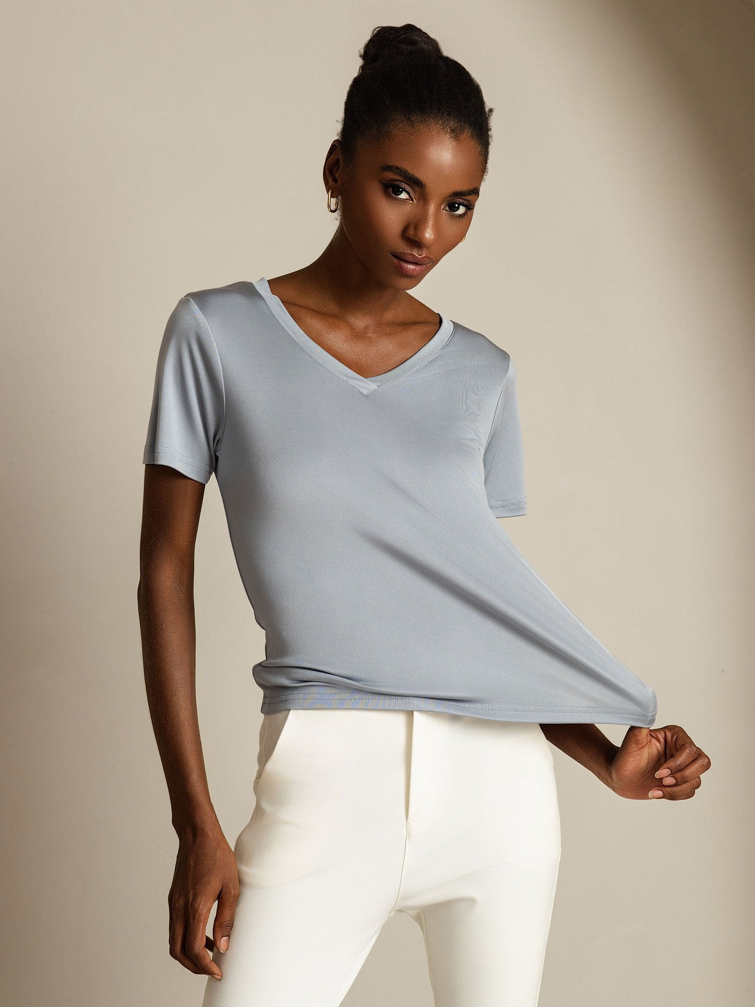 [GrigioChiaro] SilkSilky-IT Seta pura Womens T-Shirt 006