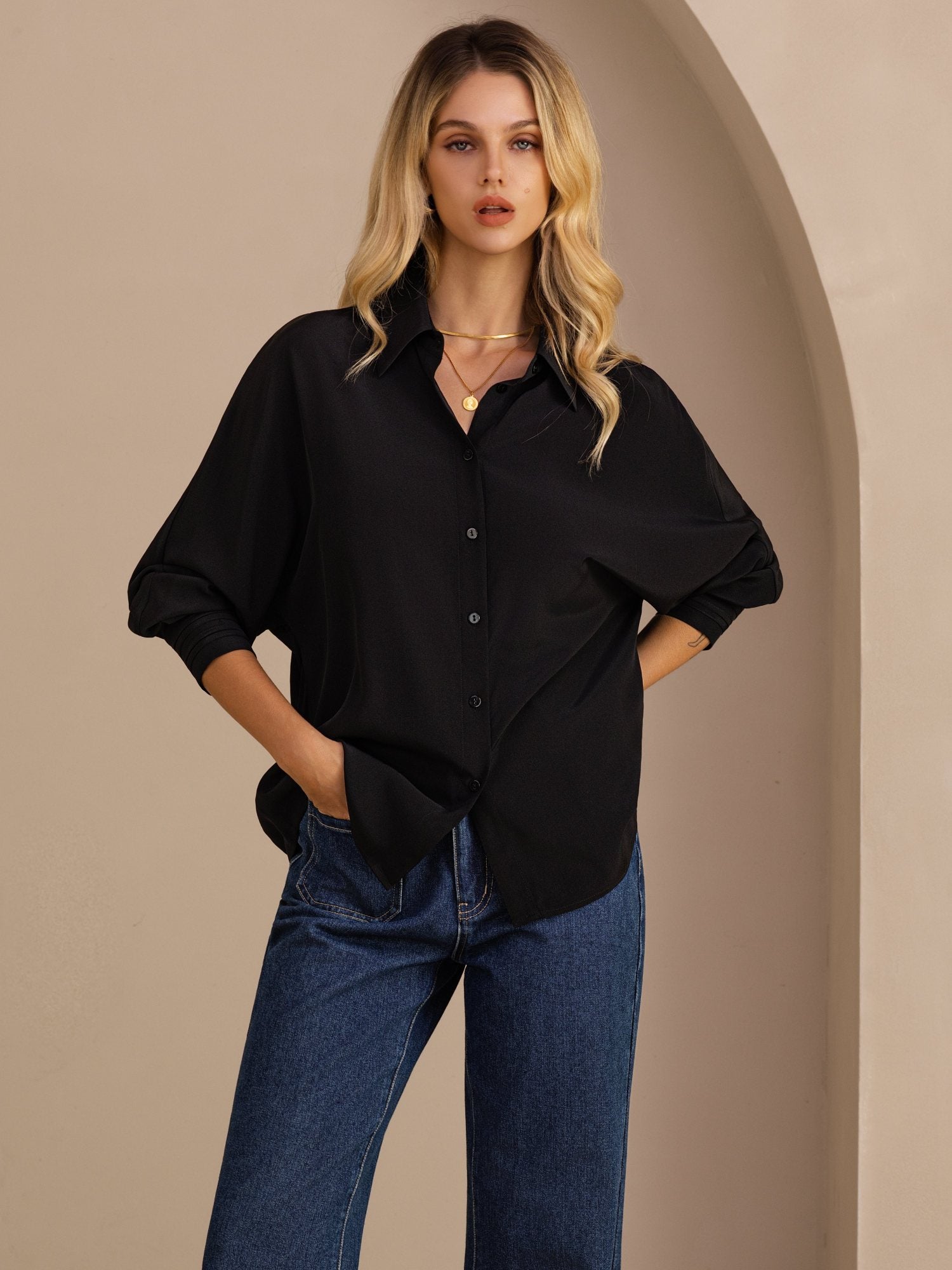[Nero] SilkSilky-IT Long Sleeve Lapel Collar Camicie da donna 001