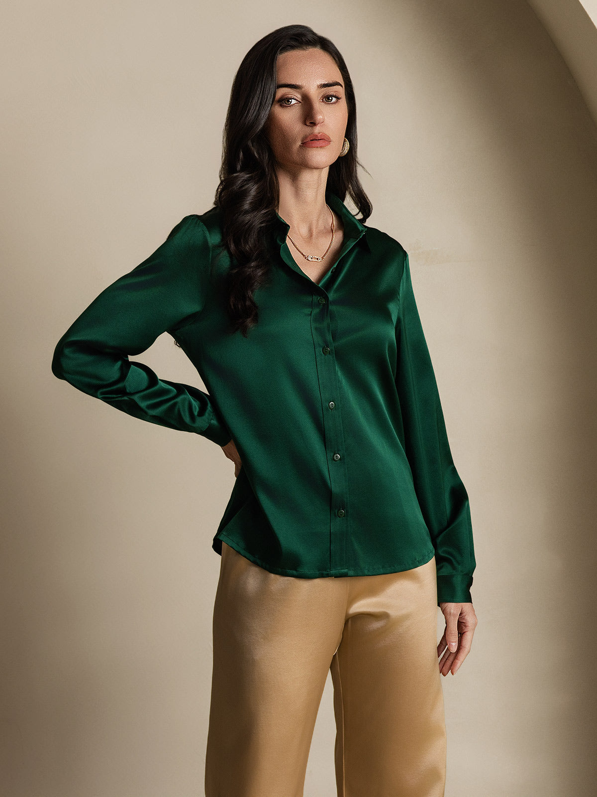[Verde Scuro] SilkSilky-IT 19Momme Manica lunga Colletto con Revers Camicie da donna 001