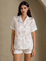 [Fiori Crema] SilkSilky-IT Short Sleeve Notch Collar Pigiami da donna 001
