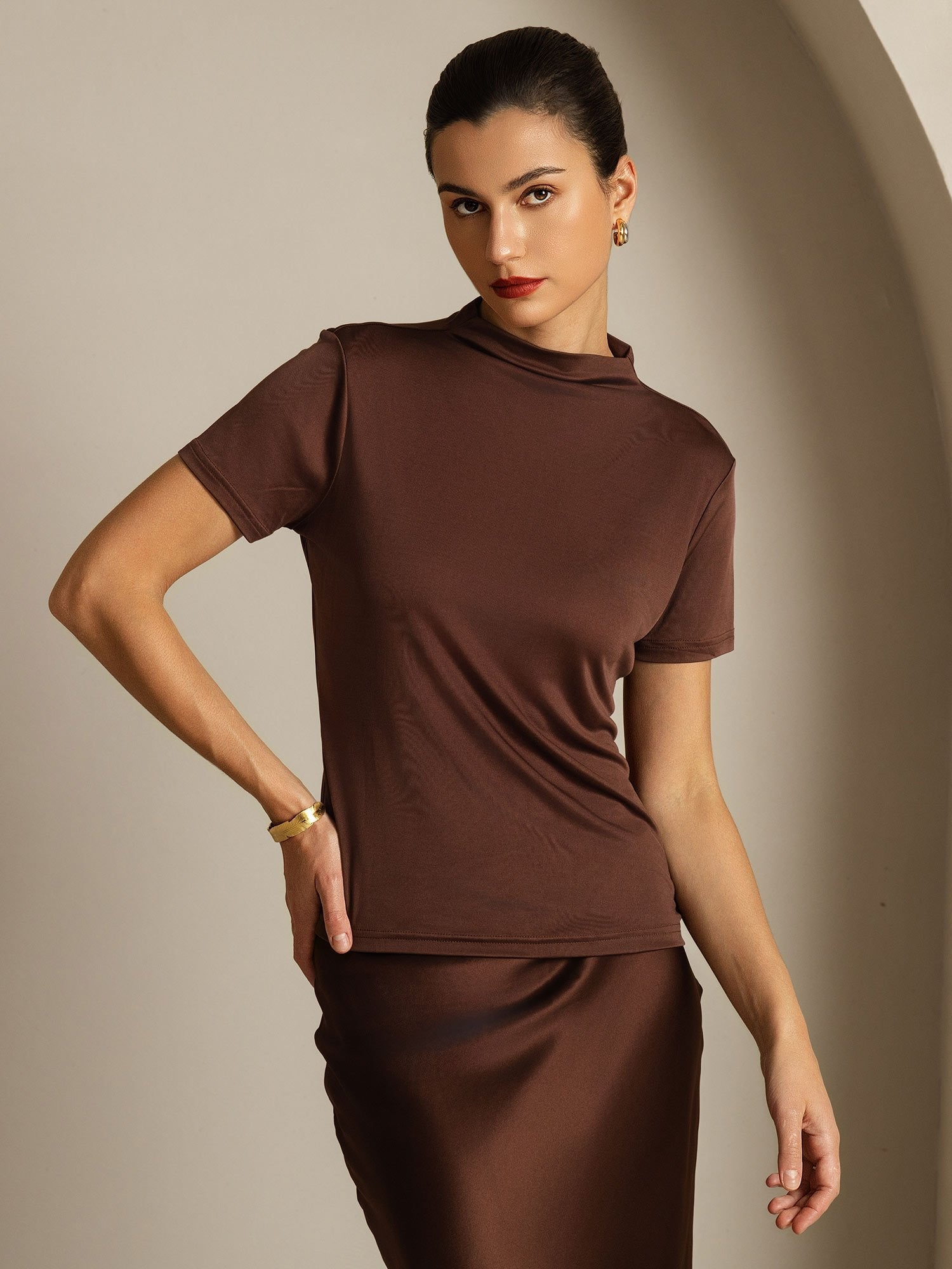[Caffè] SilkSilky-IT Seta pura Colletto risvolto Magliette donna 001