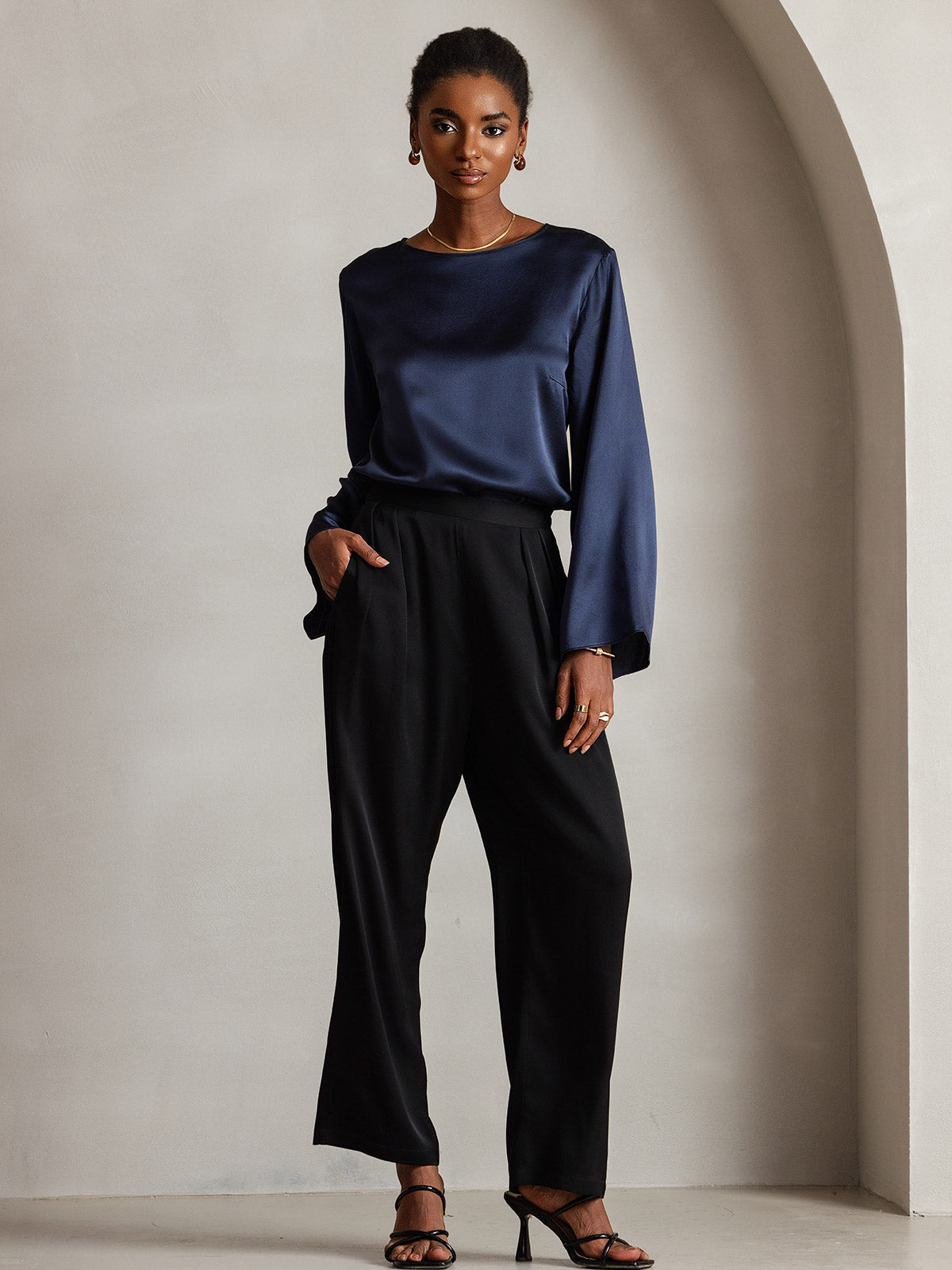 [Blu Scuro] SilkSilky-IT 19Momme Seta Womens T-Shirt 007,