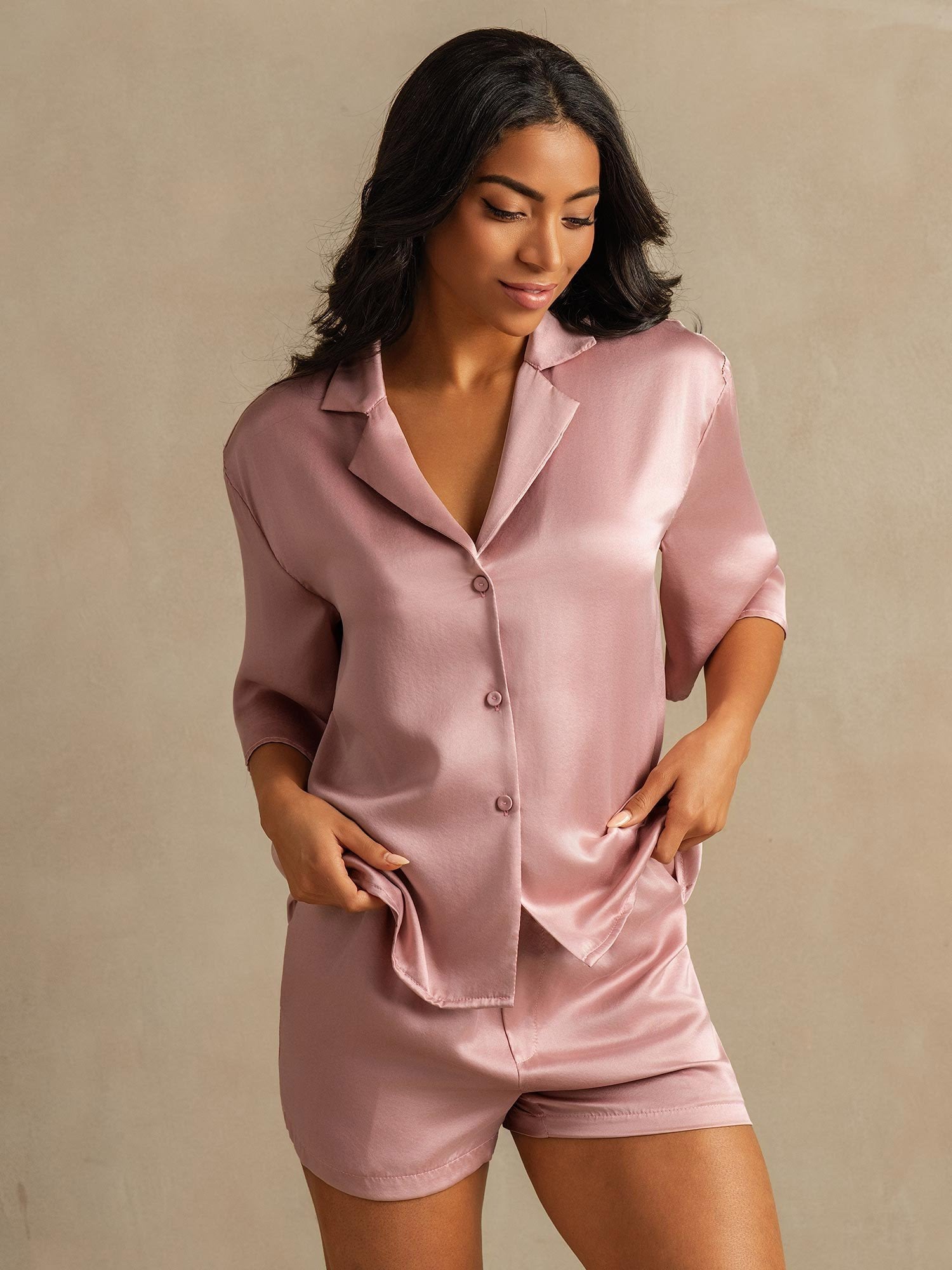 [Pelle Di Pesca] SilkSilky-IT 19Momme Seta pura Colletto risvolto Pigiami da donna 003,